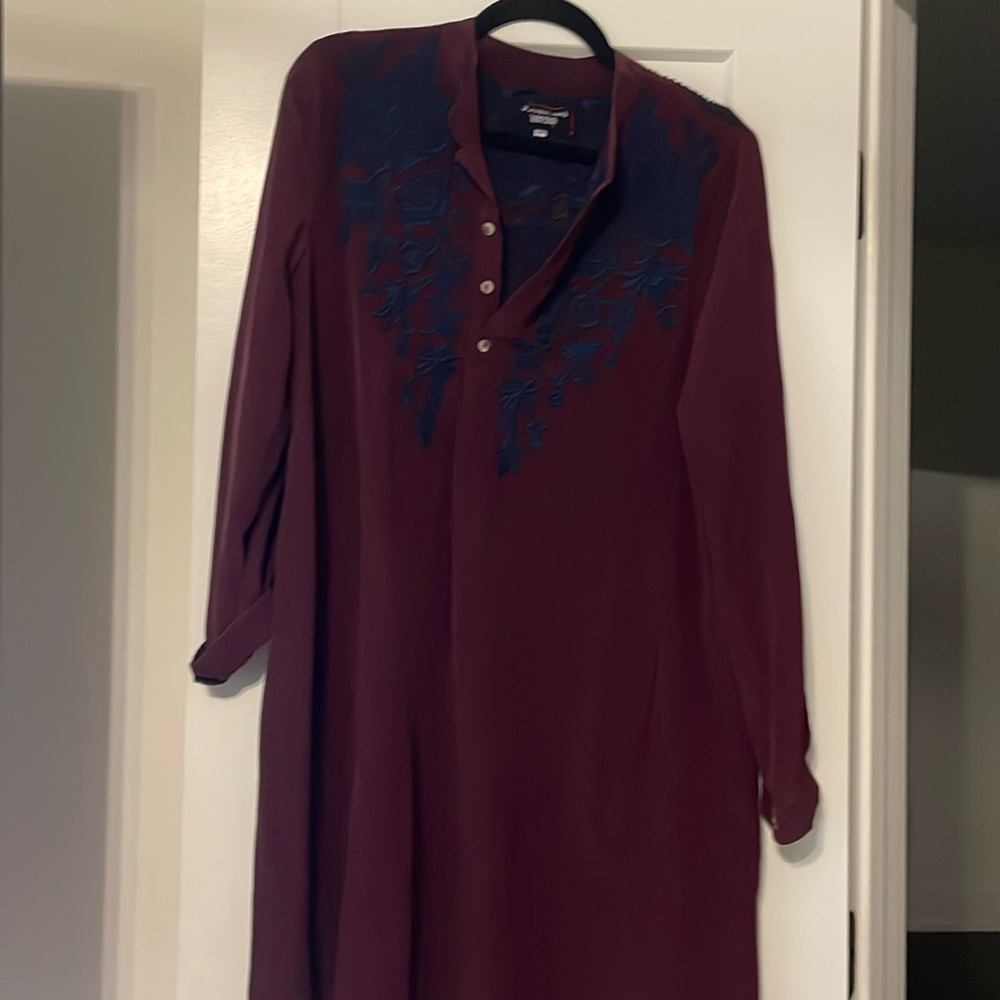Johnny Was Burgundy Long Sleeve Dress with Blue Embroidery